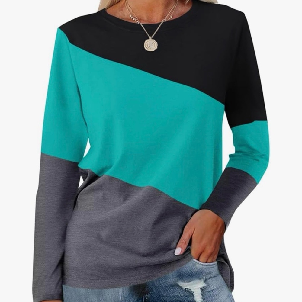 Orandesigne Asymmetrical Colorblock Long Sleeve Top - Size Large - Teal Black Gr